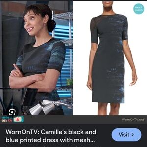 Elie Tahari Black Blue Print with Black Mesh Detail Midi Sheath Dress (10)‎ #643